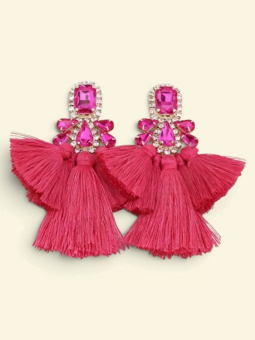 Hot Pink Tassel Drop Earrings with Crystal Accents